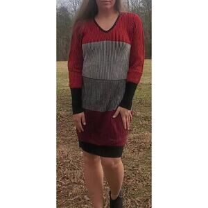 New York & Company Red, Black, and Gray Striped Long Sleeve Dress